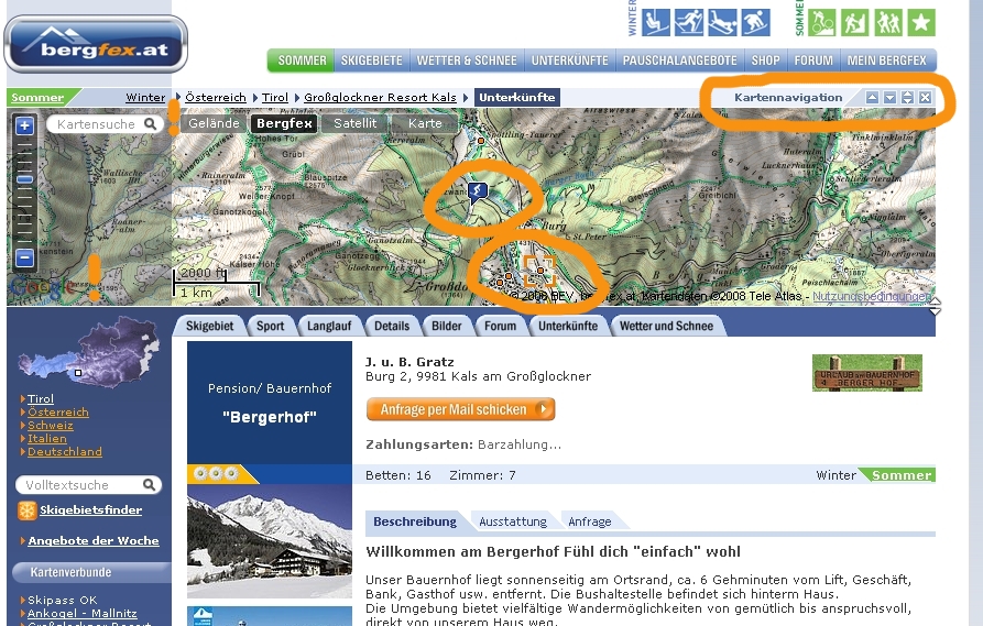 Screenshot Bergfex.at dynamische Kartennavigation