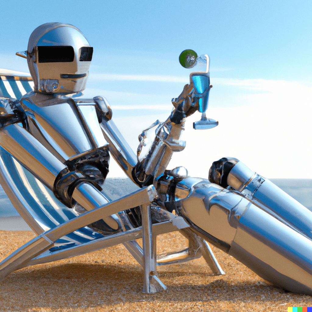 Robot-sitting-on-a-beach-drinking-a-cocktail-in-photorealistic-3d-style-colors-in-silver-white-and-blue