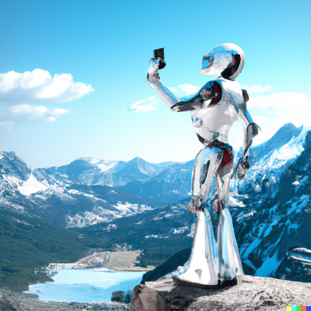 Robot-taking-a-picture-for-instagram-in-a-mountain-scenery-in-photorealistic-3d-style-colors-in-silver-white-and-blue
