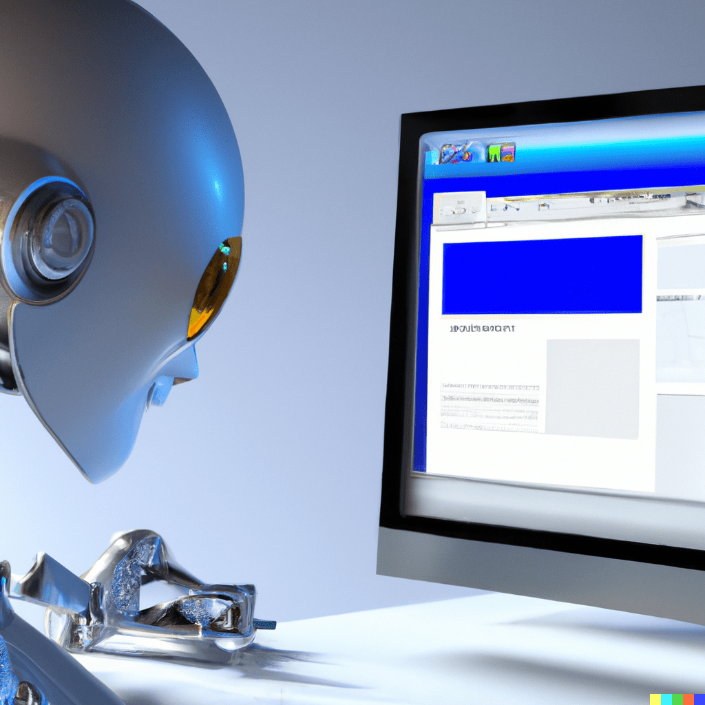 Robot-looking-at-a-website-on-a-desktop-computer-in-photorealistic-3d-style-colors-in-silver-white-and-blue