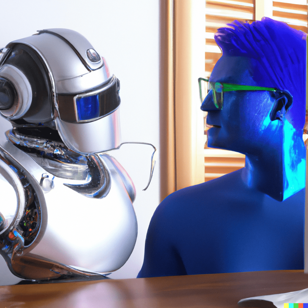 Robot-and-a-bearded-man-with-a-blue-T-shirt-sitting-at-a-table-and-looking-into-the-webcam-of-a-desktop-computer-in-photorealistic-3d-style-colors